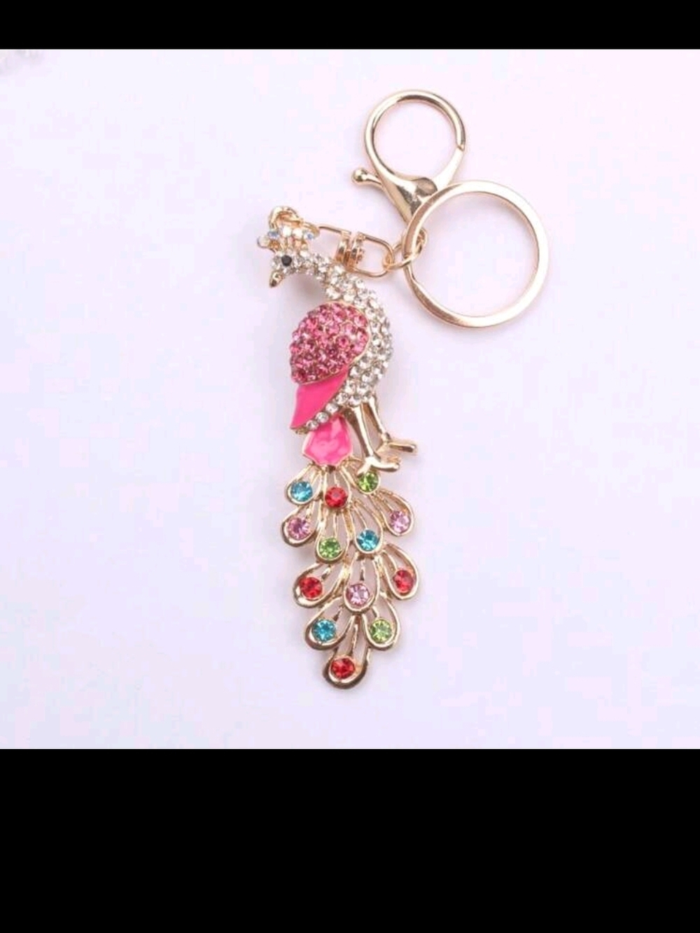 Pink Crystal Peacock Keychain with Multicolor Rhinestone Tail - Picture 5 of 5